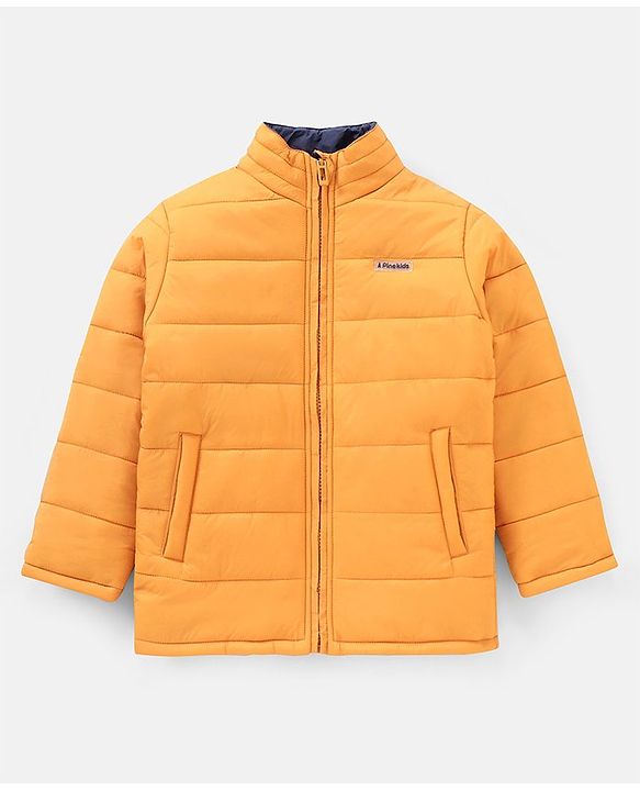 Pine Kids Full Sleeves Reversible Padded Jacket with Travelling Pouch - Yellow Navy Blue