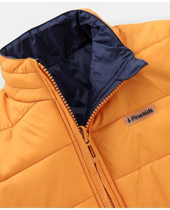 Pine Kids Full Sleeves Reversible Padded Jacket with Travelling Pouch - Yellow Navy Blue