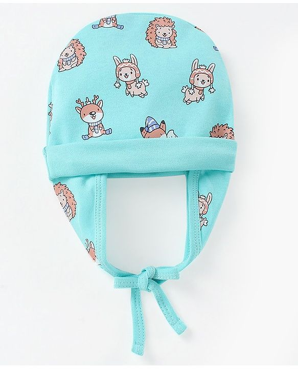 Babyhug 100% Cotton Cap with Knot Rendeer Print Blue - Diameter 16 cm