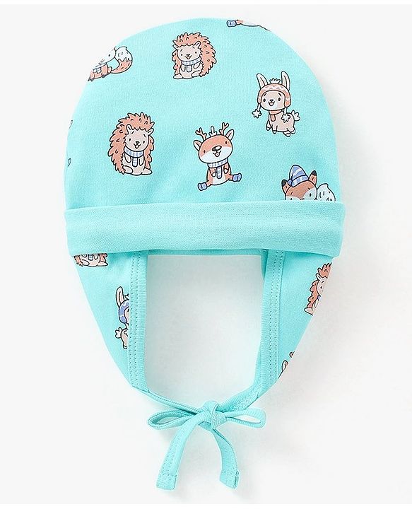 Babyhug 100% Cotton Cap with Knot Rendeer Print Blue - Diameter 16 cm