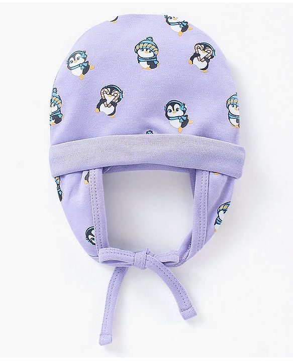 Babyhug 100% Cotton Cap Penguin Print Purple - Diameter 16 cm