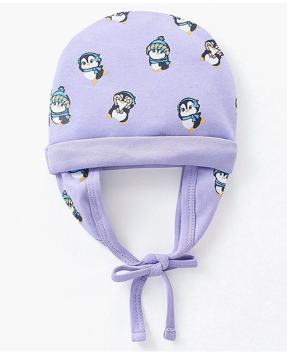 Babyhug 100% Cotton Cap Penguin Print Purple - Diameter 16 cm