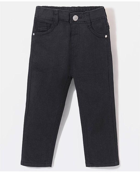Babyhug Cotton Full Length Stretchable Washed Denim Jeans  Fly With Zipper -  Black