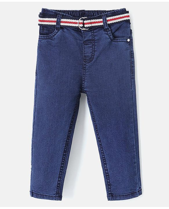 Babyhug Cotton Stretchable Full Length Washed Jeans With Belt With Mock Fly  - Dark Blue