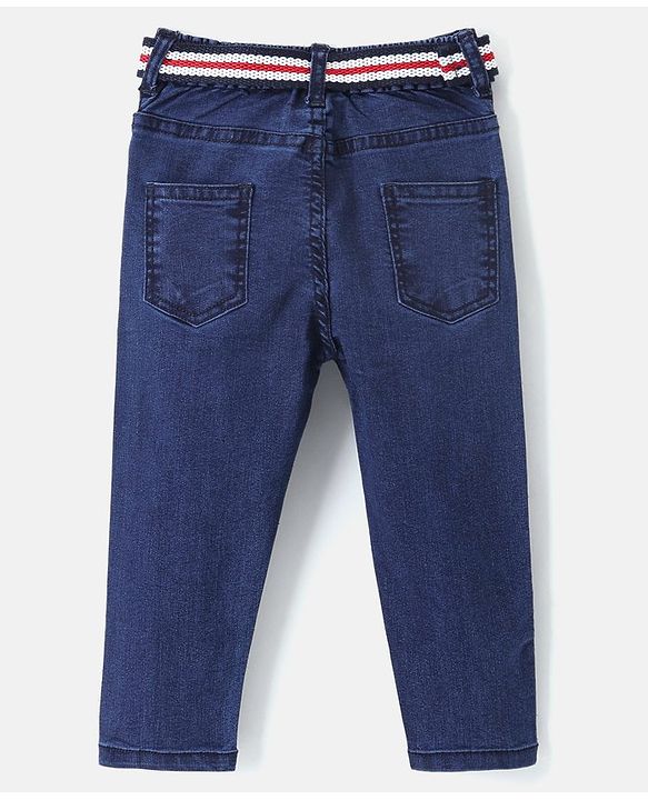 Babyhug Cotton Stretchable Full Length Washed Jeans With Belt  Fly With Zipper -  Dark Blue