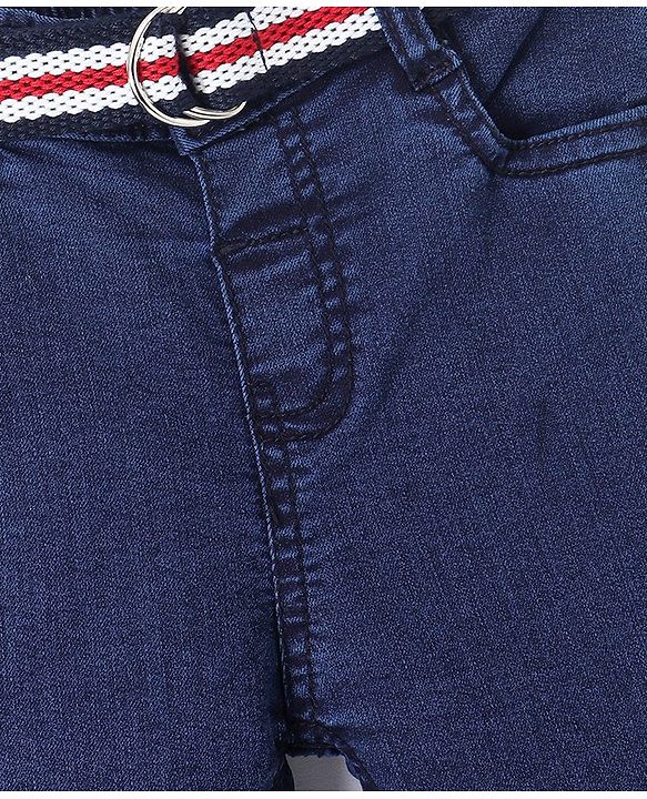 Babyhug Cotton Stretchable Full Length Washed Jeans With Belt  Fly With Zipper -  Dark Blue