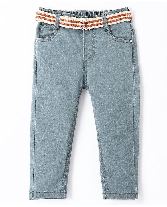 Babyhug Cotton Stretchable Full Length Washed Jeans With Belt   Fly With Zipper -  Light Blue