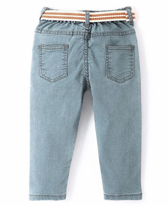 Babyhug Cotton Stretchable Full Length Washed Jeans With Belt   Fly With Zipper -  Light Blue