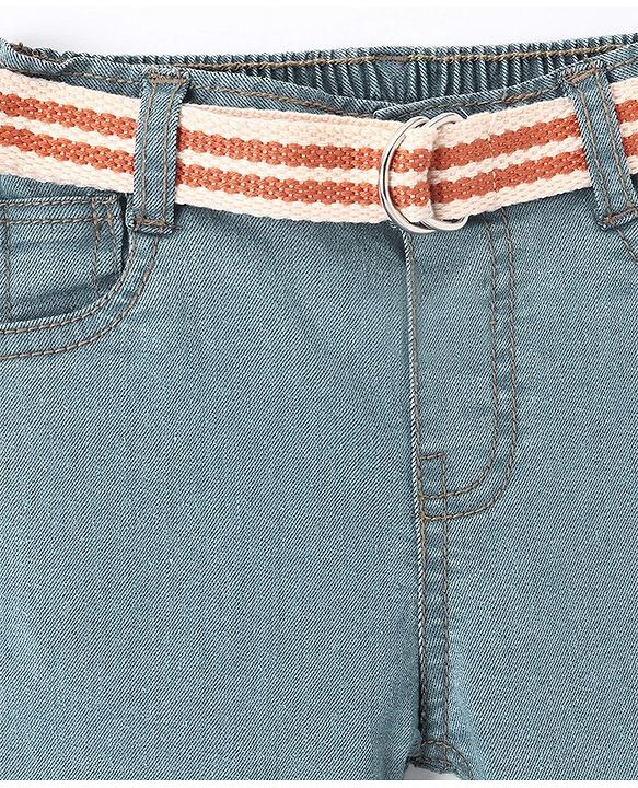 Babyhug Cotton Stretchable Full Length Washed Jeans With Belt   Fly With Zipper -  Light Blue