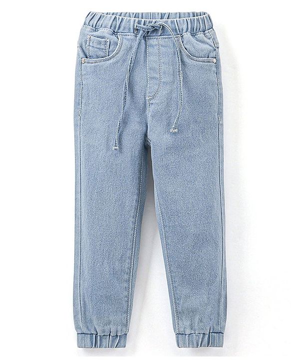 Babyhug Cotton Full Length Washed Stretch Denim Jogger Solid - Light Blue