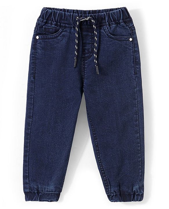 Babyhug Denim Full Length Solid Colour Joggers With Stretch - Dark Blue