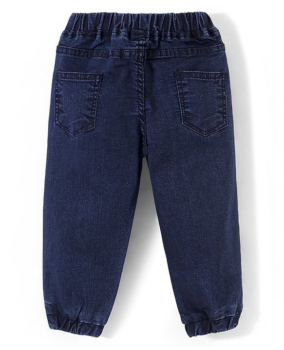 Babyhug Denim Full Length Solid Colour Joggers With Stretch - Dark Blue