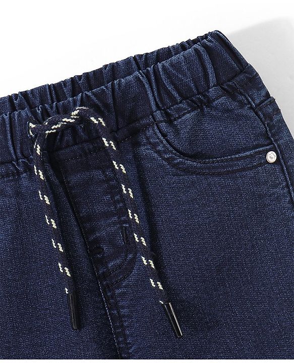 Babyhug Denim Full Length Solid Colour Joggers With Stretch - Dark Blue