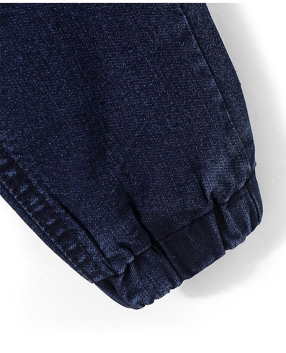 Babyhug Denim Full Length Solid Colour Joggers With Stretch - Dark Blue