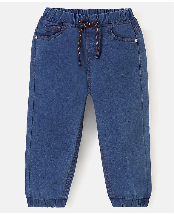 Babyhug Denim Full Length Joggers Solid Colour - Medium Blue