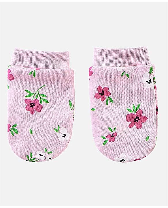 Babyhug 100% Cotton Cap Mittens & Booties Set Floral Print - Diameter 11.5 cm