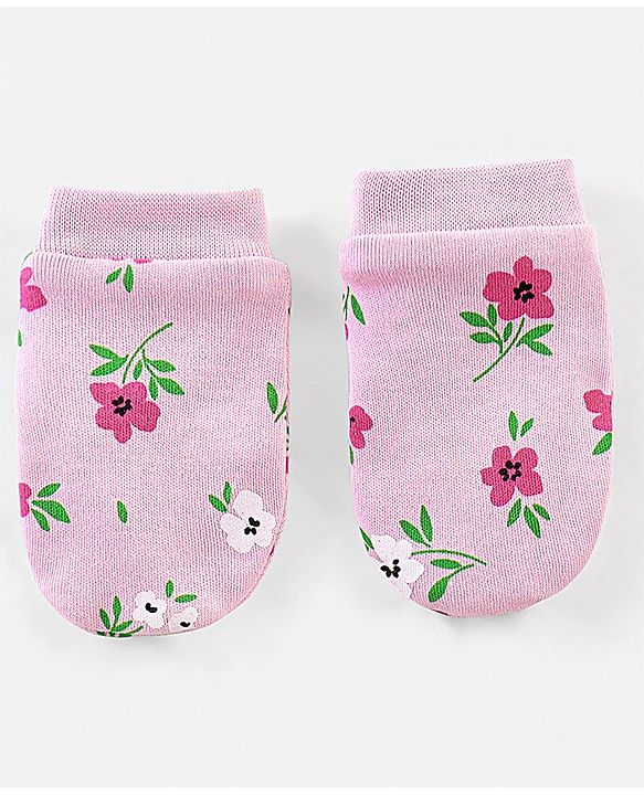 Babyhug 100% Cotton Cap Mittens & Booties Set Floral Print - Diameter 11.5 cm