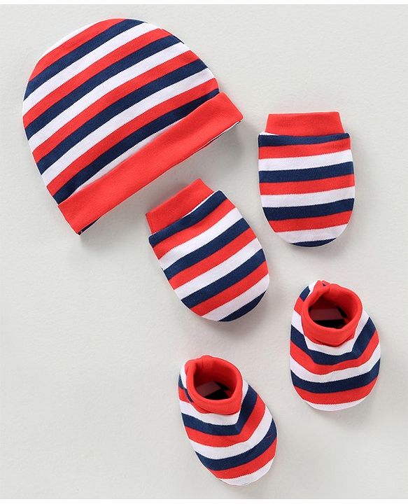 Babyhug 100% Cotton Cap Mittens & Booties Striped Red -  Diameter 12 cm