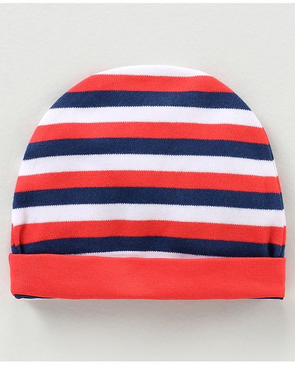 Babyhug 100% Cotton Cap Mittens & Booties Striped Red -  Diameter 12 cm