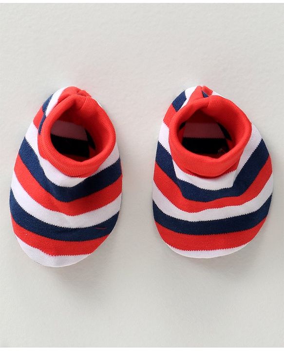 Babyhug 100% Cotton Cap Mittens & Booties Striped Red -  Diameter 12 cm