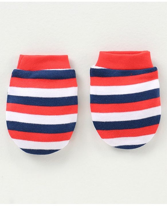 Babyhug 100% Cotton Cap Mittens & Booties Striped Red -  Diameter 12 cm