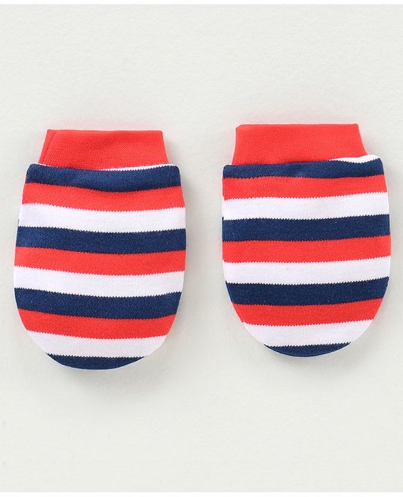 Babyhug 100% Cotton Cap Mittens & Booties Striped Red -  Diameter 12 cm