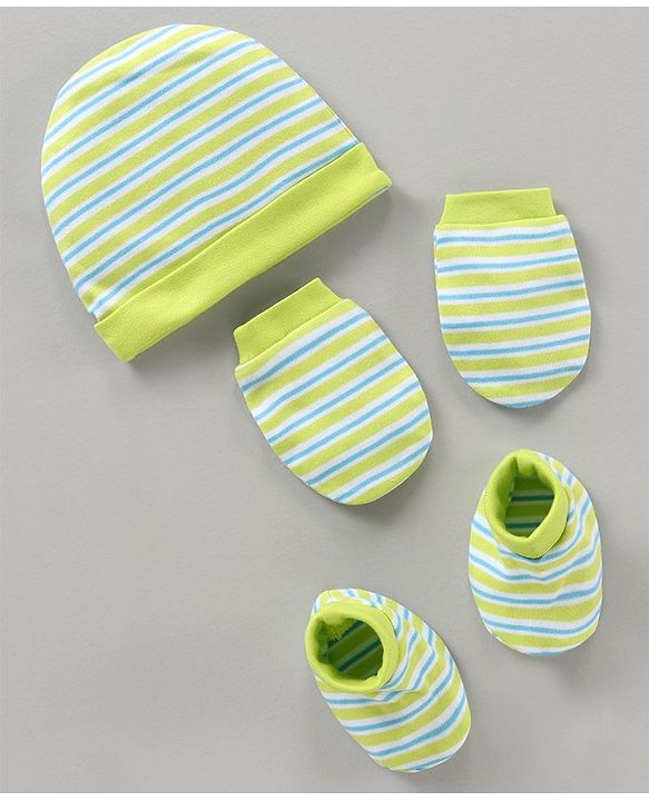 Babyhug 100% Cotton Cap Mittens & Booties Striped Green - Cap Diameter 10.5 cm