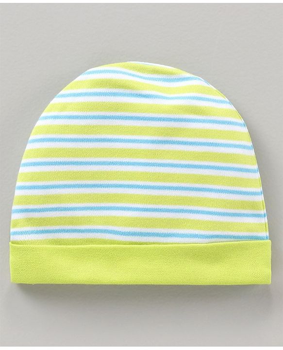 Babyhug 100% Cotton Cap Mittens & Booties Striped Green - Cap Diameter 10.5 cm