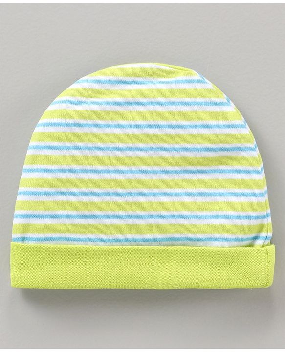 Babyhug 100% Cotton Cap Mittens & Booties Striped Green - Cap Diameter 10.5 cm