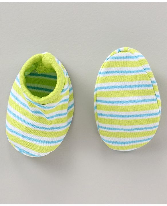 Babyhug 100% Cotton Cap Mittens & Booties Striped Green - Cap Diameter 10.5 cm