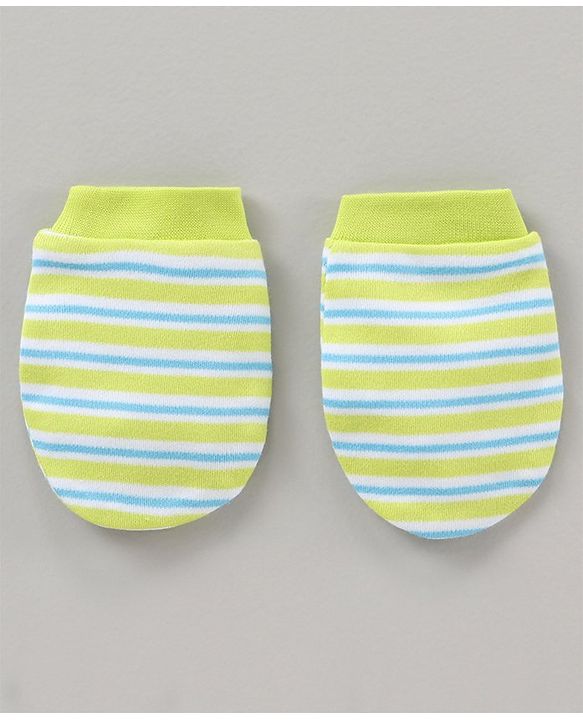 Babyhug 100% Cotton Cap Mittens & Booties Striped Green - Cap Diameter 10.5 cm