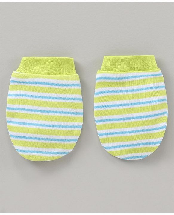 Babyhug 100% Cotton Cap Mittens & Booties Striped Green - Cap Diameter 10.5 cm