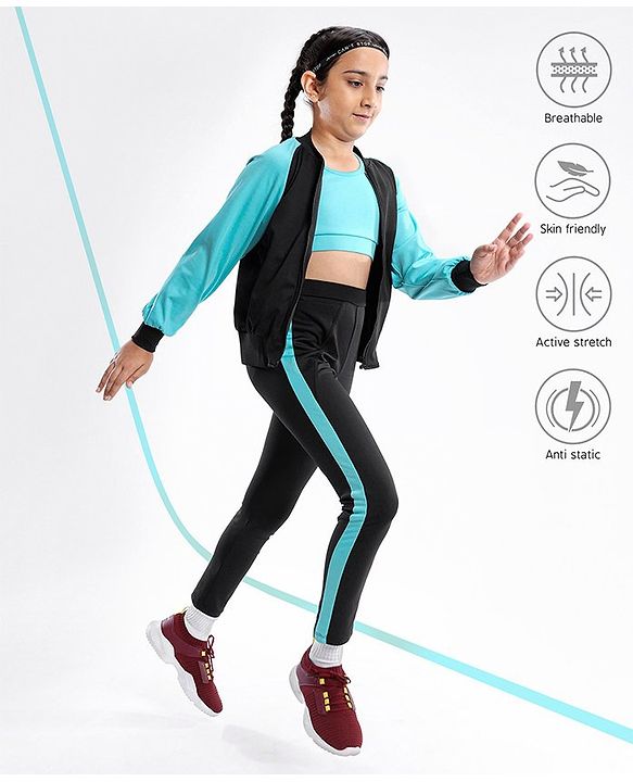 Pine Active High Stretch Breathable Sports Bra Jacket and Leggings 3 Pieces Set - Blue