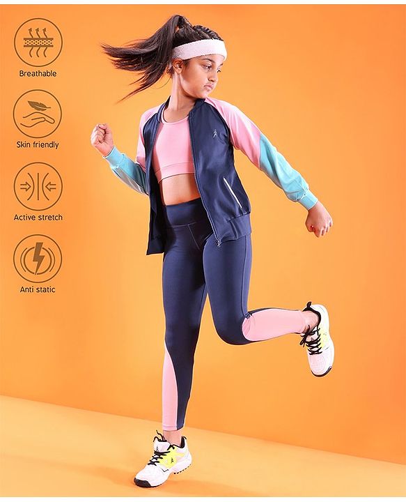 Pine Active High Stretch Breathable Sports Bra Jacket and Leggings 3 Pieces Set - Pink Blue