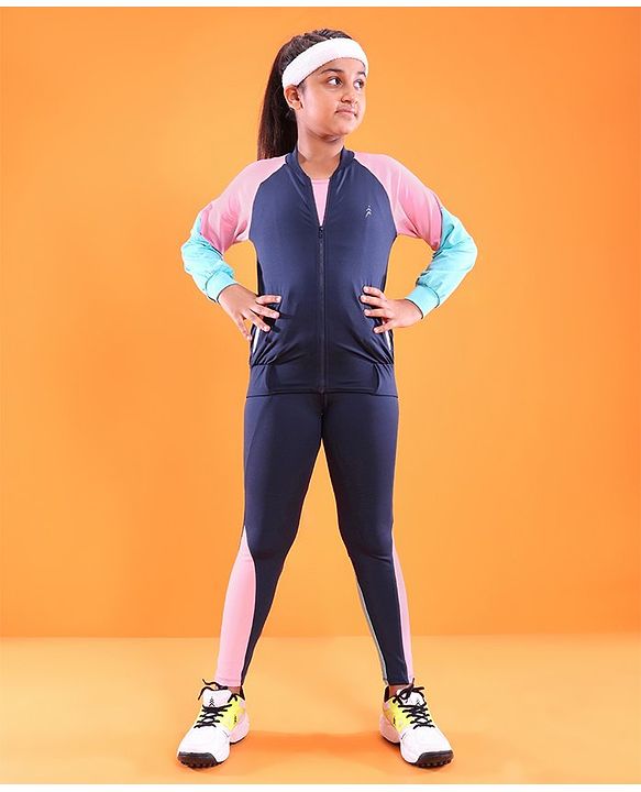 Pine Active High Stretch Breathable Sports Bra Jacket and Leggings 3 Pieces Set - Pink Blue