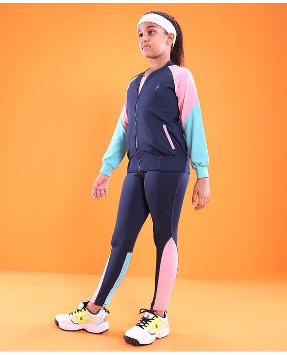 Pine Active High Stretch Breathable Sports Bra Jacket and Leggings 3 Pieces Set - Pink Blue