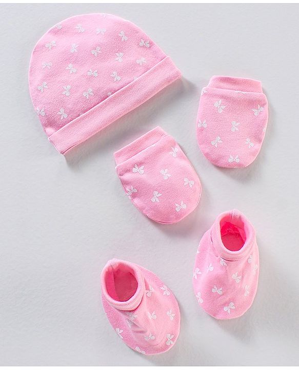 Babyhug 100% Cotton Cap Mittens And Booties Bow Print Pink - Diameter 11 cm