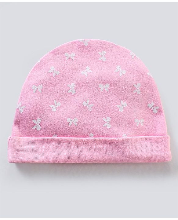 Babyhug 100% Cotton Cap Mittens And Booties Bow Print Pink - Diameter 11 cm