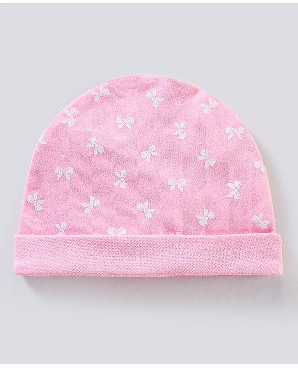 Babyhug 100% Cotton Cap Mittens And Booties Bow Print Pink - Diameter 11 cm