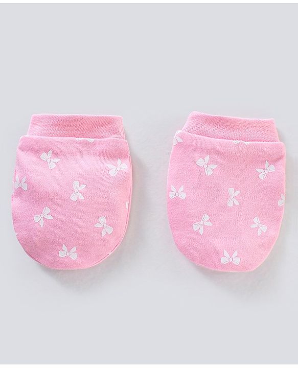 Babyhug 100% Cotton Cap Mittens And Booties Bow Print Pink - Diameter 11 cm