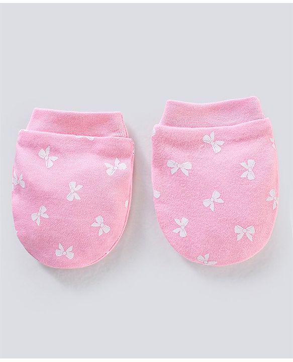 Babyhug 100% Cotton Cap Mittens And Booties Bow Print Pink - Diameter 11 cm