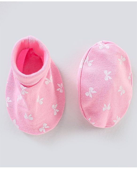 Babyhug 100% Cotton Cap Mittens And Booties Bow Print Pink - Diameter 11 cm