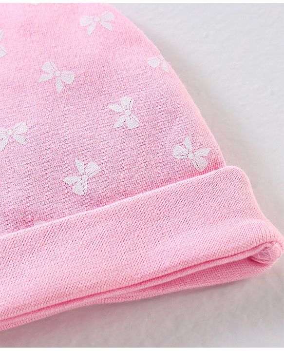 Babyhug 100% Cotton Cap Mittens And Booties Bow Print Pink - Diameter 11 cm