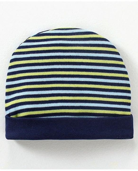 Babyhug 100% Cotton Cap Mittens & Booties Set Striped Navy Blue - Diameter 11 cm