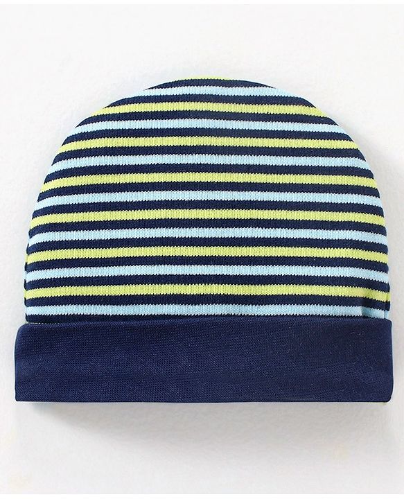 Babyhug 100% Cotton Cap Mittens & Booties Set Striped Navy Blue - Diameter 11 cm