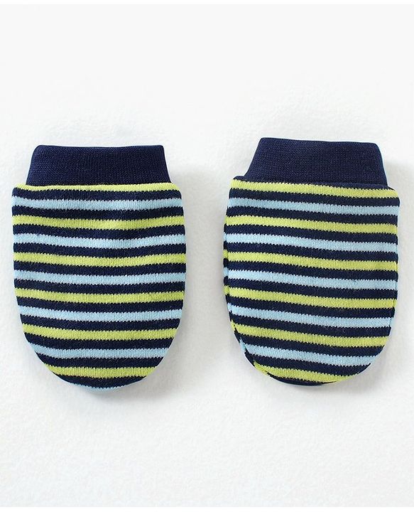 Babyhug 100% Cotton Cap Mittens & Booties Set Striped Navy Blue - Diameter 11 cm