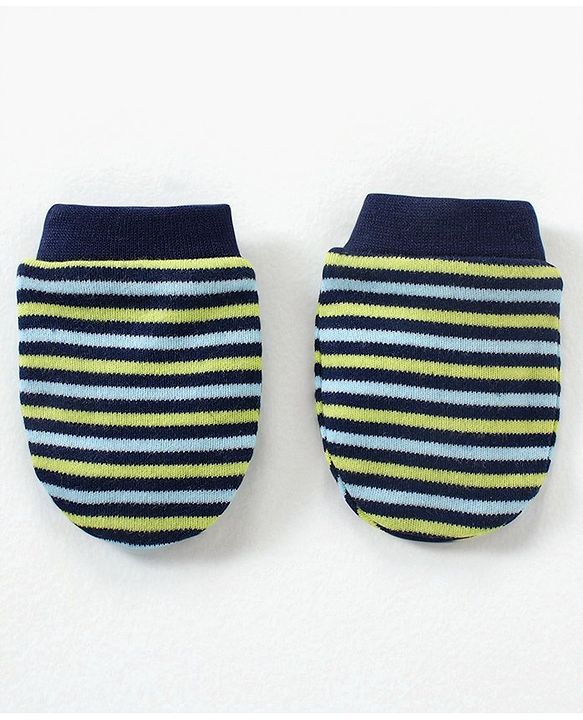 Babyhug 100% Cotton Cap Mittens & Booties Set Striped Navy Blue - Diameter 11 cm