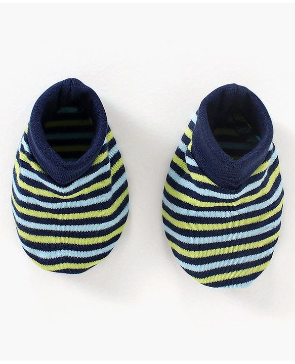 Babyhug 100% Cotton Cap Mittens & Booties Set Striped Navy Blue - Diameter 11 cm