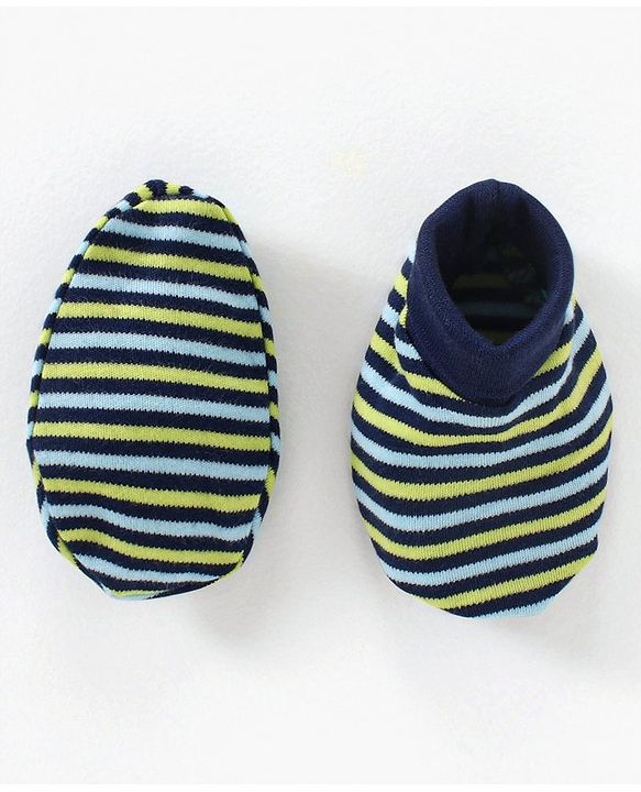 Babyhug 100% Cotton Cap Mittens & Booties Set Striped Navy Blue - Diameter 11 cm