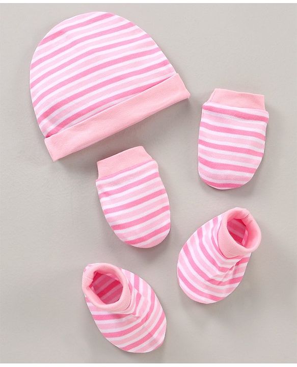 Babyhug 100% Cotton Cap Mittens & Booties Striped Pink - Diameter 15.5 cm